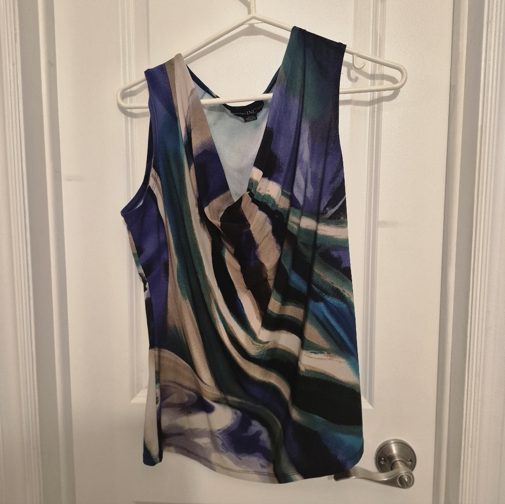 INC International Concepts Blue and Cream Sleeveless Blouse